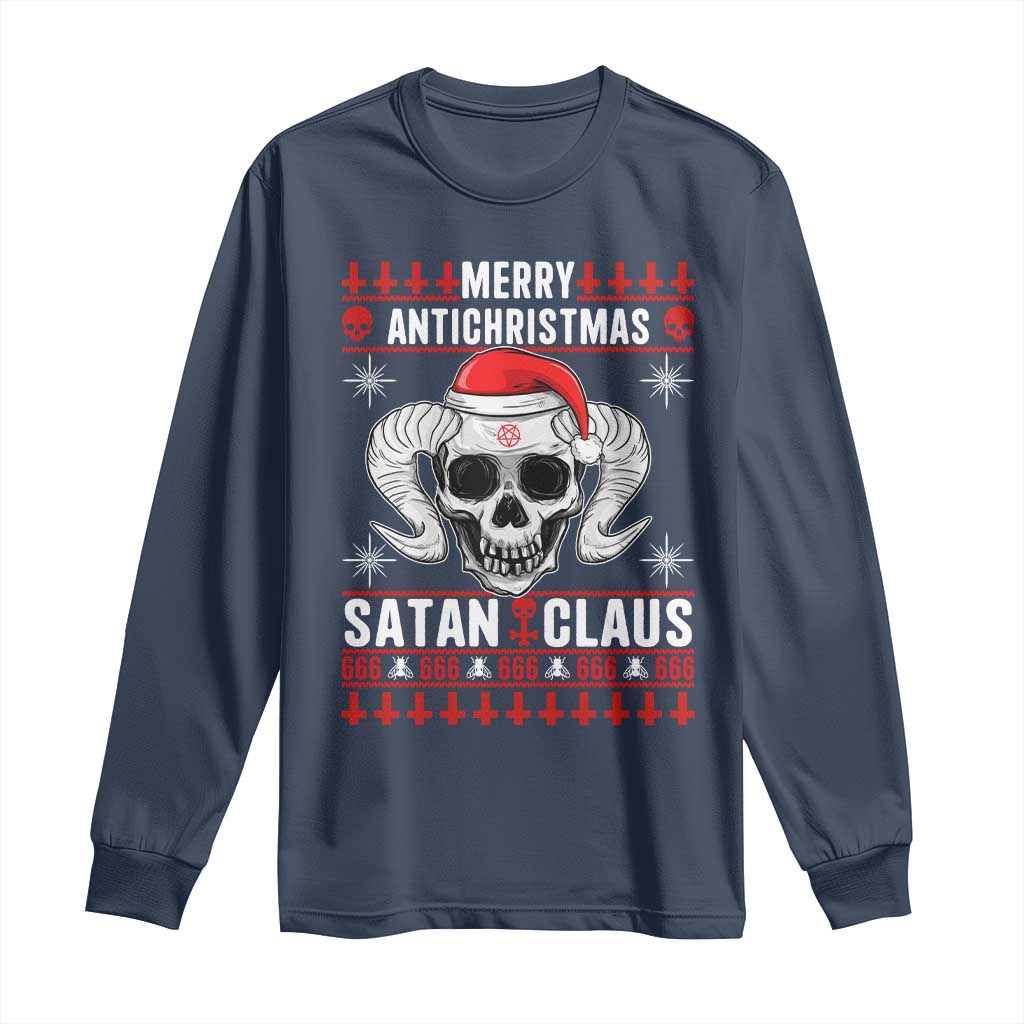 Satan Claus Skull Antichristmas Long Sleeve Shirt Dark Humor Holiday 666 Skull and Horns TS02 Navy Print Your Wear