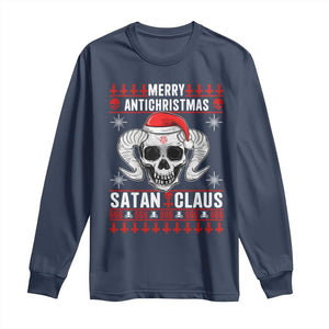Satan Claus Skull Antichristmas Long Sleeve Shirt Dark Humor Holiday 666 Skull and Horns TS02 Navy Print Your Wear
