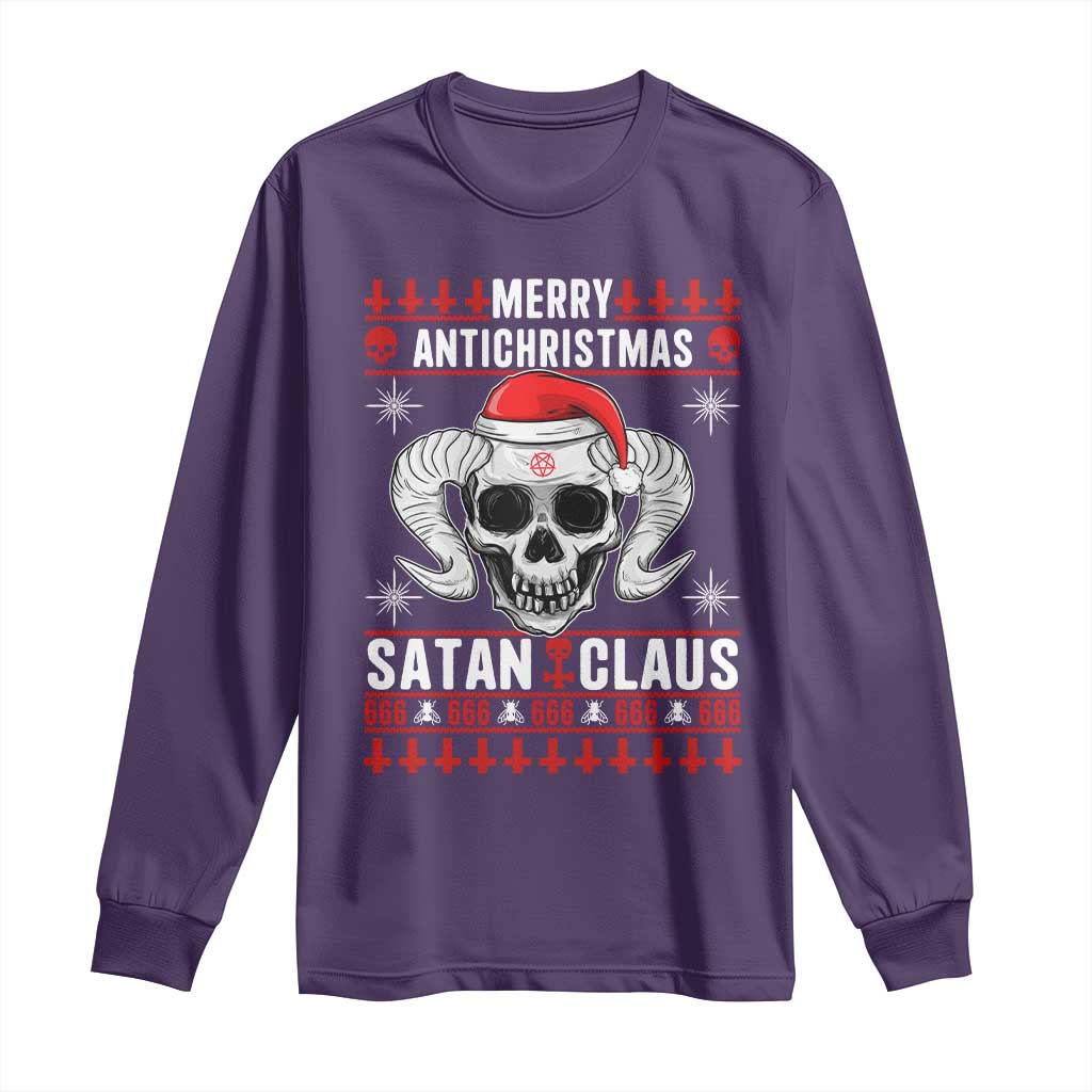 Satan Claus Skull Antichristmas Long Sleeve Shirt Dark Humor Holiday 666 Skull and Horns TS02 Purple Print Your Wear