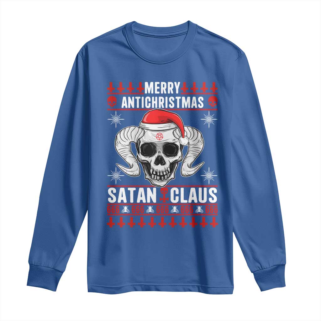 Satan Claus Skull Antichristmas Long Sleeve Shirt Dark Humor Holiday 666 Skull and Horns TS02 Royal Blue Print Your Wear