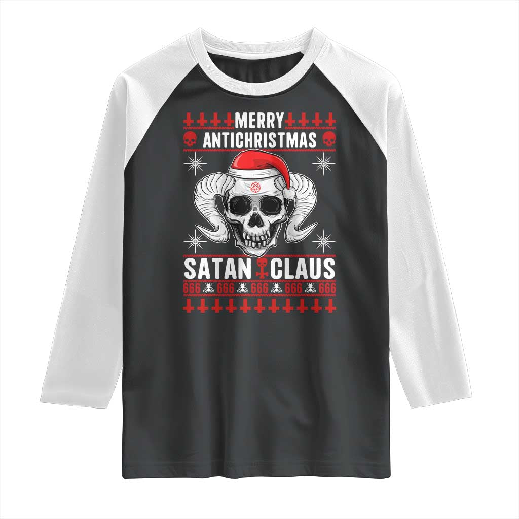 Satan Claus Skull Antichristmas Raglan Shirt Dark Humor Holiday 666 Skull and Horns TS02 Black White Print Your Wear