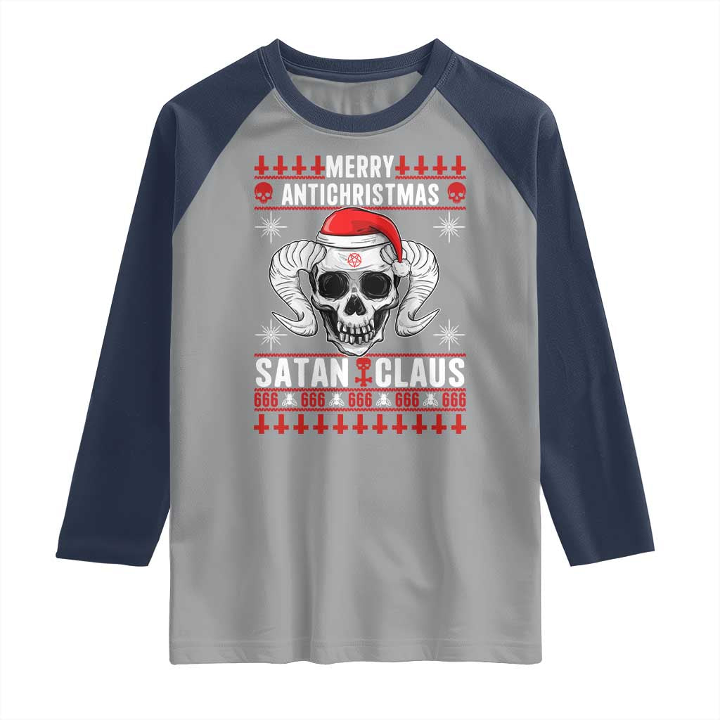 Satan Claus Skull Antichristmas Raglan Shirt Dark Humor Holiday 666 Skull and Horns TS02 Sport Gray Navy Print Your Wear