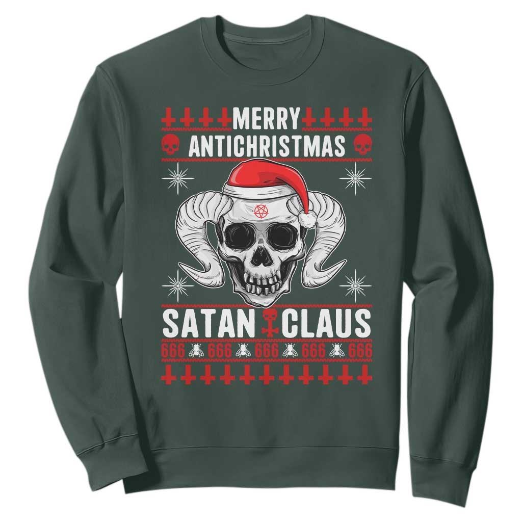 Satan Claus Skull Antichristmas Sweatshirt Dark Humor Holiday 666 Skull and Horns TS02 Dark Forest Green Print Your Wear