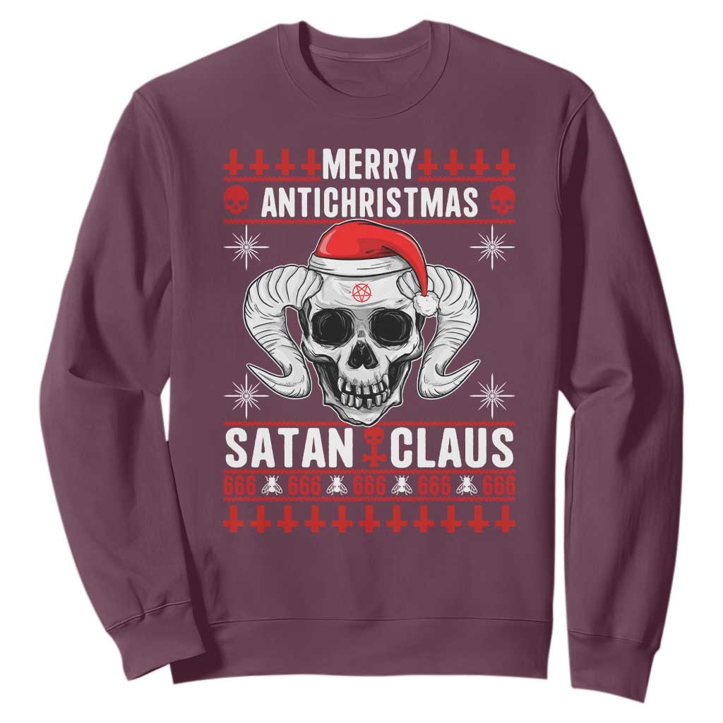 Satan Claus Skull Antichristmas Sweatshirt Dark Humor Holiday 666 Skull and Horns TS02 Maroon Print Your Wear
