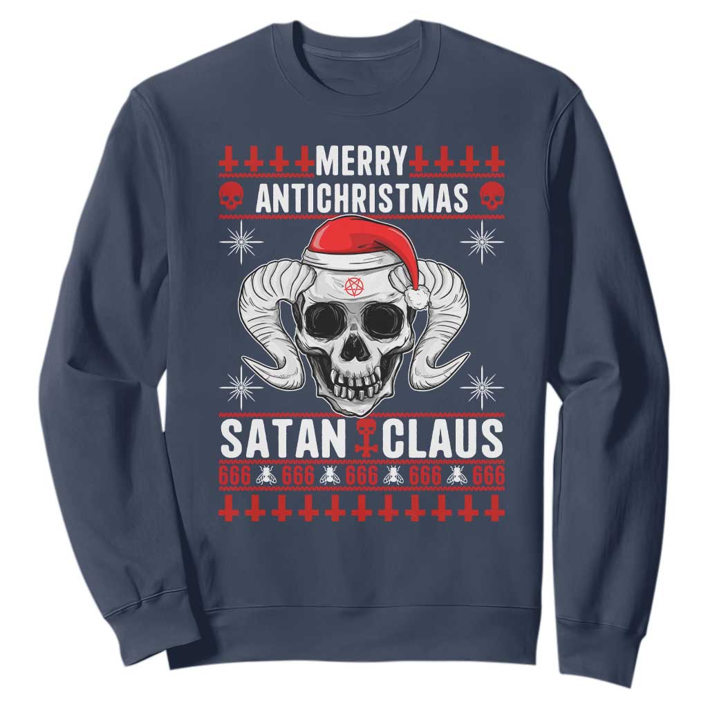 Satan Claus Skull Antichristmas Sweatshirt Dark Humor Holiday 666 Skull and Horns TS02 Navy Print Your Wear