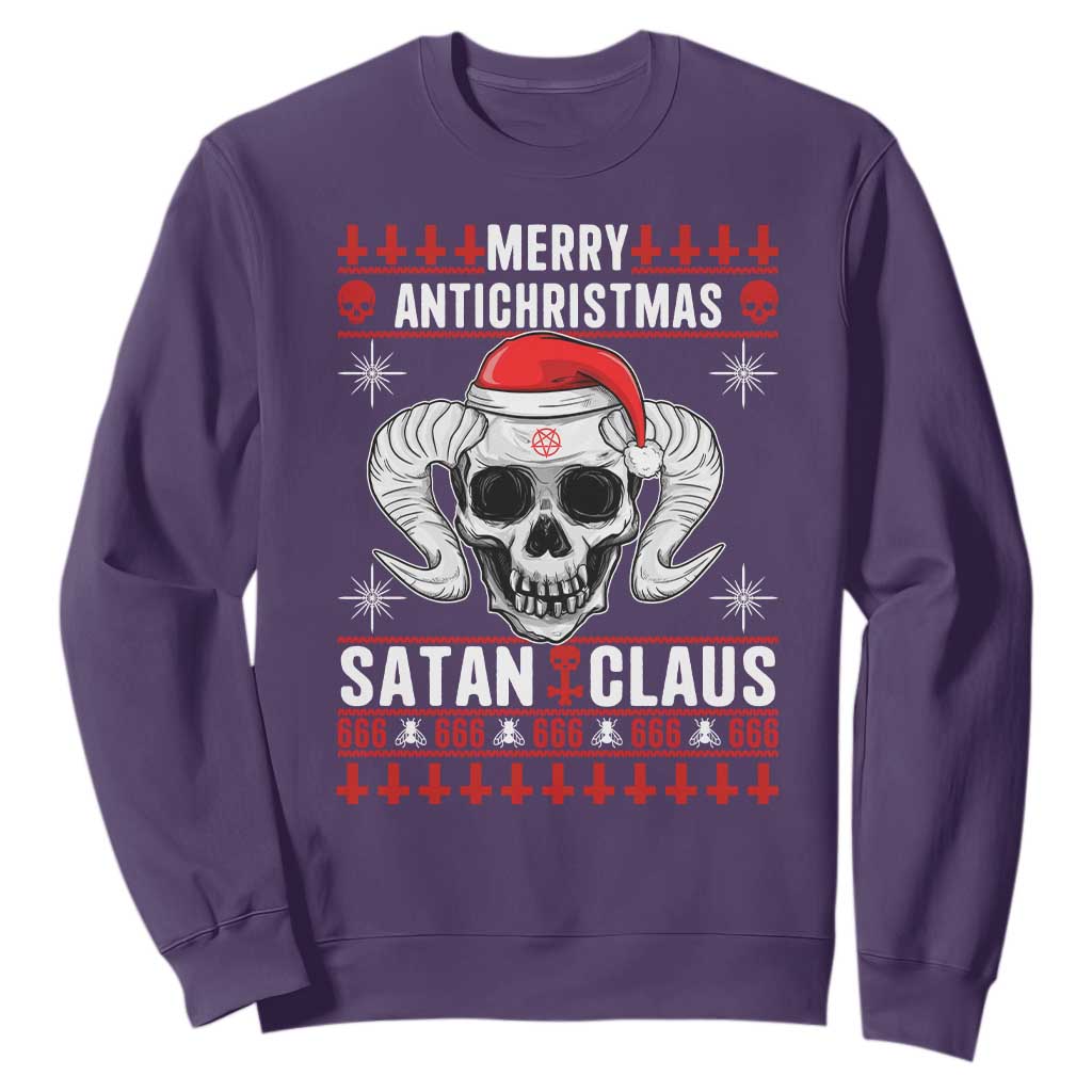 Satan Claus Skull Antichristmas Sweatshirt Dark Humor Holiday 666 Skull and Horns TS02 Purple Print Your Wear