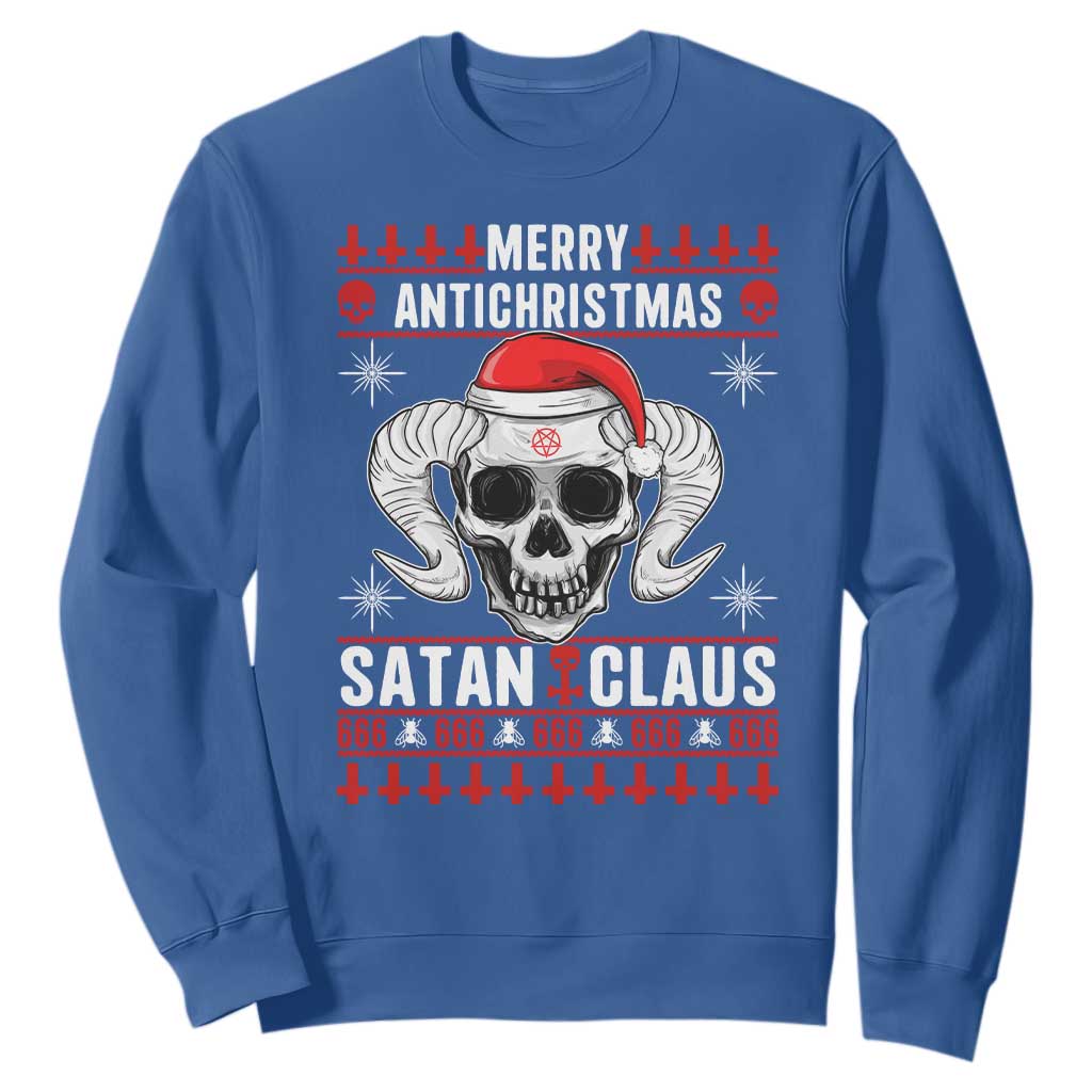 Satan Claus Skull Antichristmas Sweatshirt Dark Humor Holiday 666 Skull and Horns TS02 Royal Blue Print Your Wear
