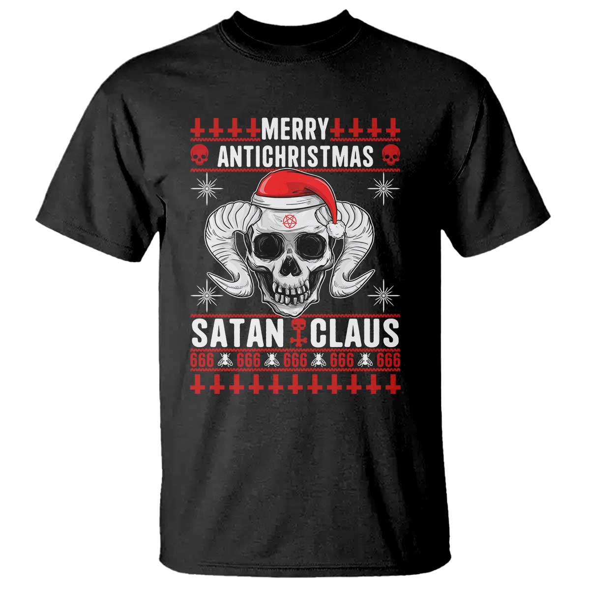 Satan Claus Skull Antichristmas T Shirt Dark Humor Holiday 666 Skull and Horns TS02 Black Print Your Wear