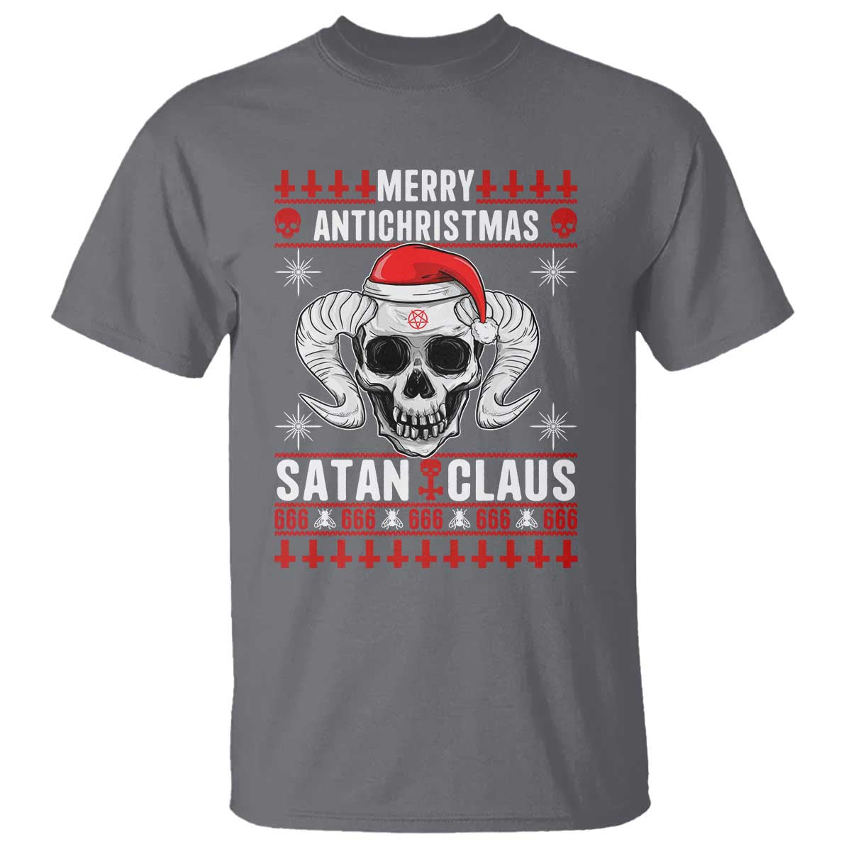 Satan Claus Skull Antichristmas T Shirt Dark Humor Holiday 666 Skull and Horns TS02 Charcoal Print Your Wear