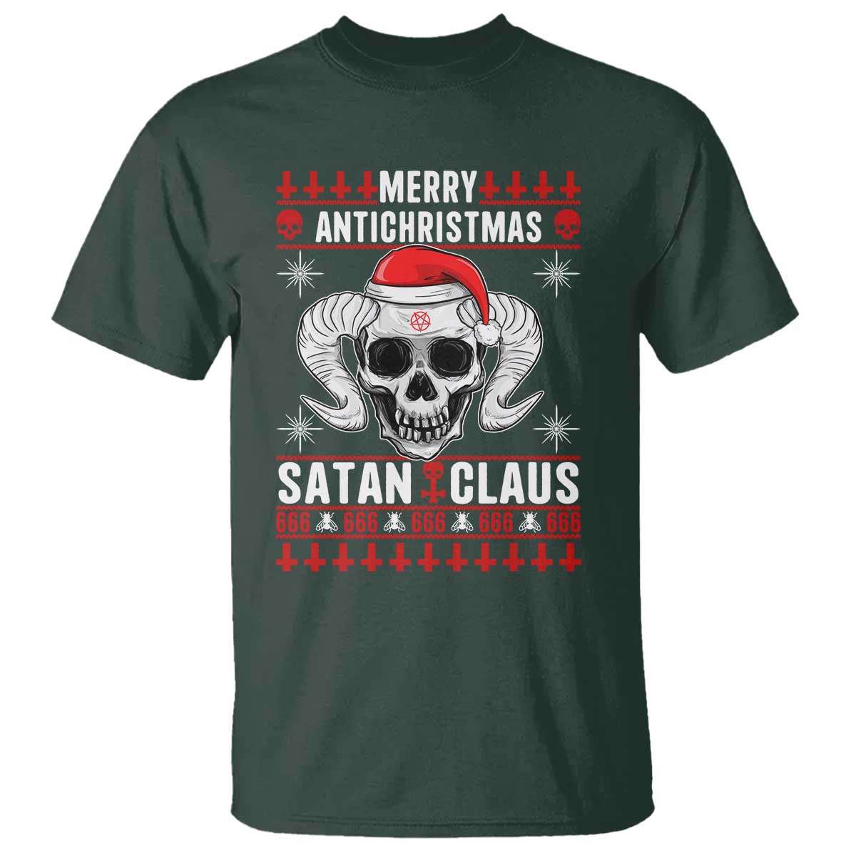 Satan Claus Skull Antichristmas T Shirt Dark Humor Holiday 666 Skull and Horns TS02 Dark Forest Green Print Your Wear