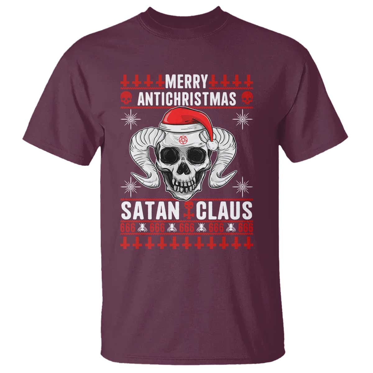 Satan Claus Skull Antichristmas T Shirt Dark Humor Holiday 666 Skull and Horns TS02 Maroon Print Your Wear