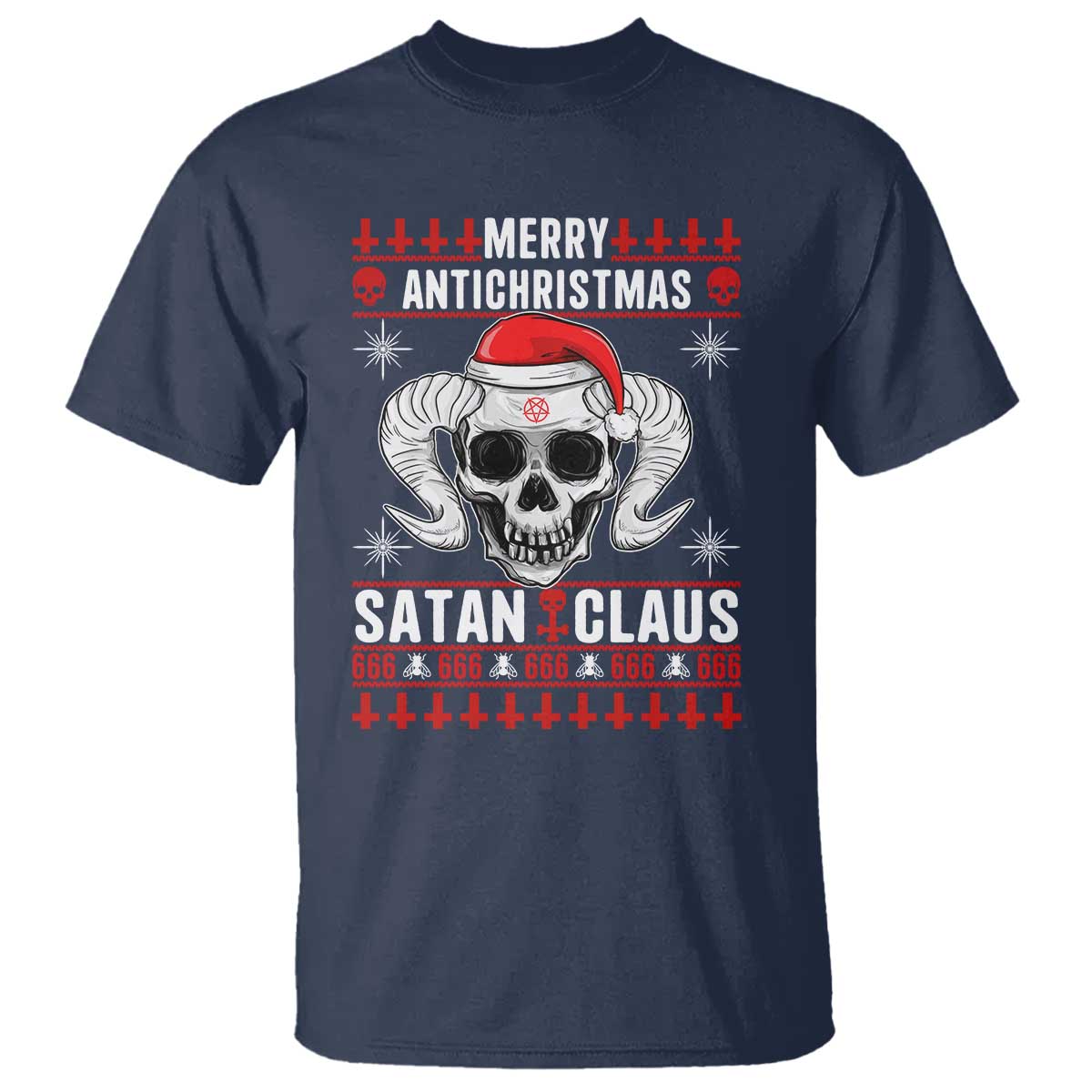 Satan Claus Skull Antichristmas T Shirt Dark Humor Holiday 666 Skull and Horns TS02 Navy Print Your Wear