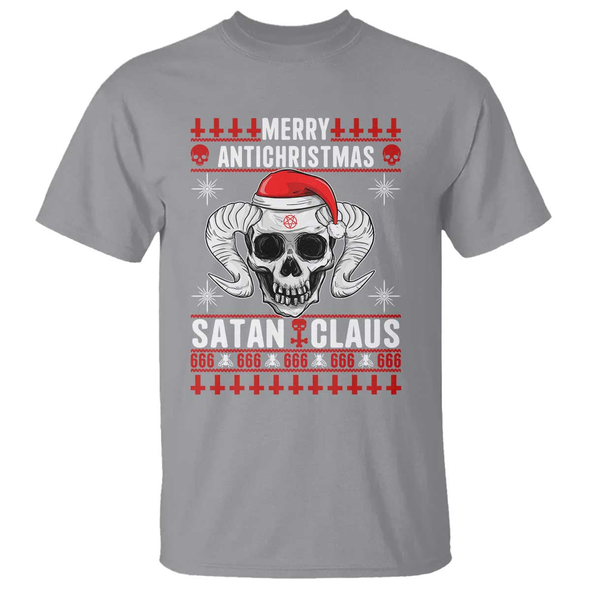 Satan Claus Skull Antichristmas T Shirt Dark Humor Holiday 666 Skull and Horns TS02 Sport Gray Print Your Wear