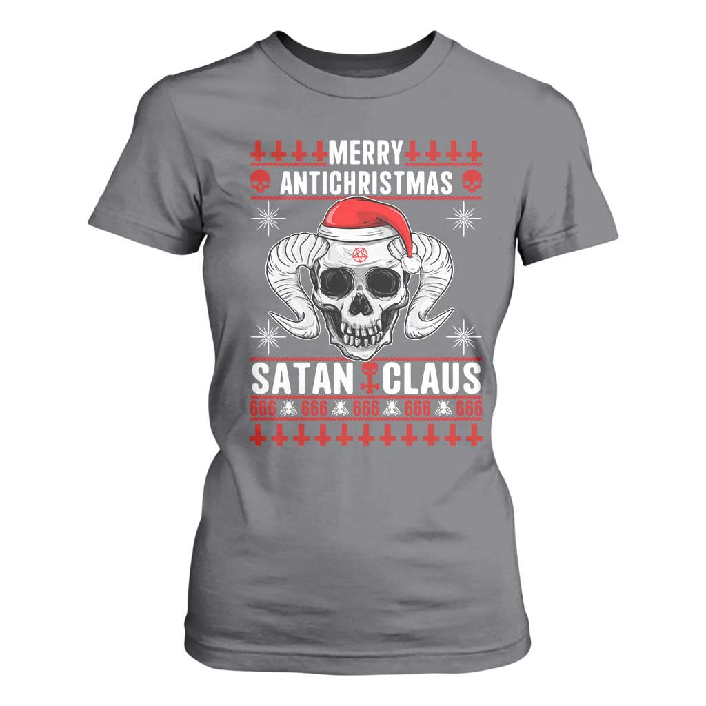 Satan Claus Skull Antichristmas T Shirt For Women Dark Humor Holiday 666 Skull and Horns TS02 Charcoal Print Your Wear