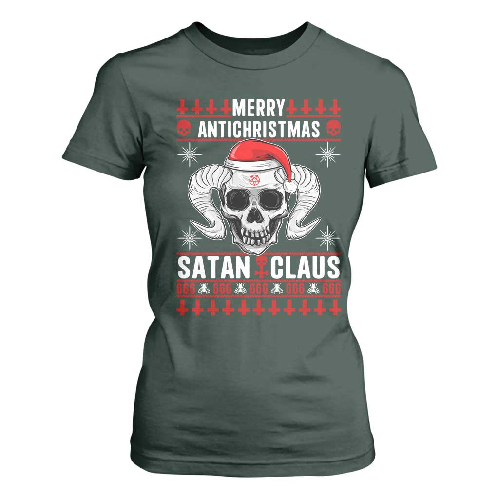 Satan Claus Skull Antichristmas T Shirt For Women Dark Humor Holiday 666 Skull and Horns TS02 Dark Forest Green Print Your Wear