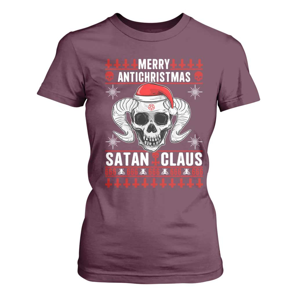 Satan Claus Skull Antichristmas T Shirt For Women Dark Humor Holiday 666 Skull and Horns TS02 Maroon Print Your Wear
