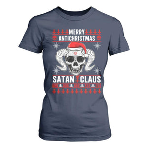 Satan Claus Skull Antichristmas T Shirt For Women Dark Humor Holiday 666 Skull and Horns TS02 Navy Print Your Wear