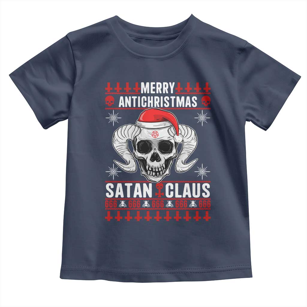 Satan Claus Skull Antichristmas Toddler T Shirt Dark Humor Holiday 666 Skull and Horns TS02 Navy Print Your Wear