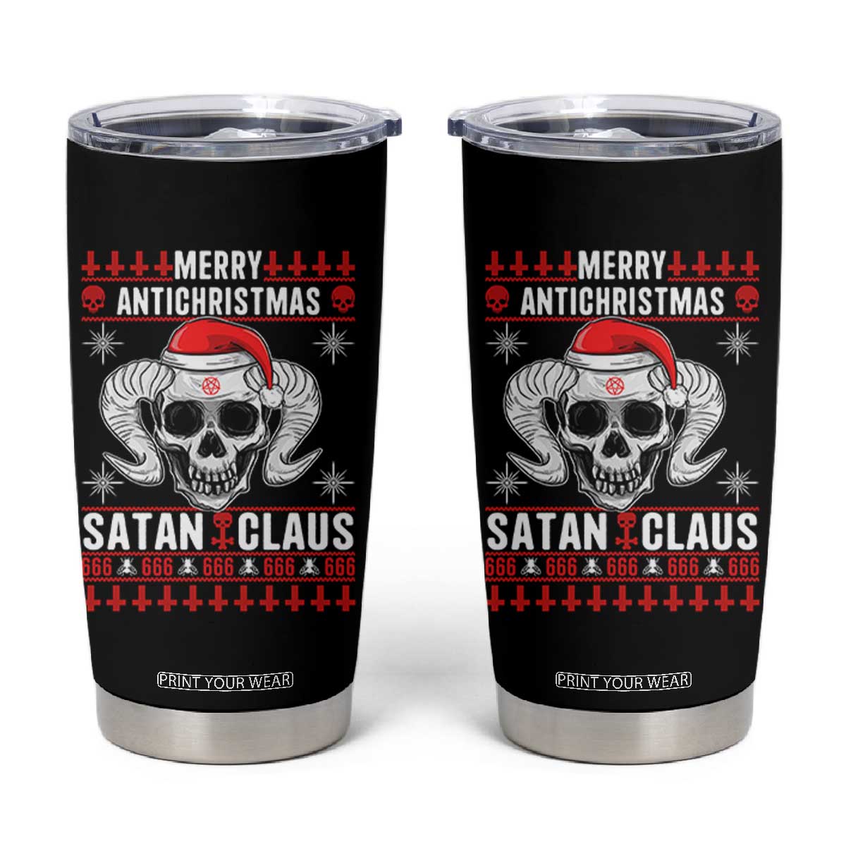 Satan Claus Skull Antichristmas Tumbler Cup Dark Humor Holiday 666 Skull and Horns TS02 Black Print Your Wear