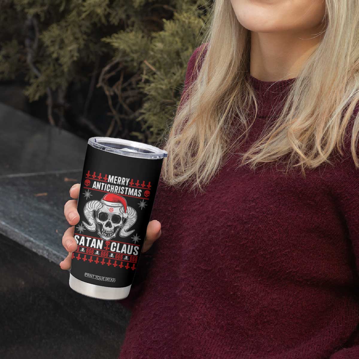 Satan Claus Skull Antichristmas Tumbler Cup Dark Humor Holiday 666 Skull and Horns TS02 Print Your Wear