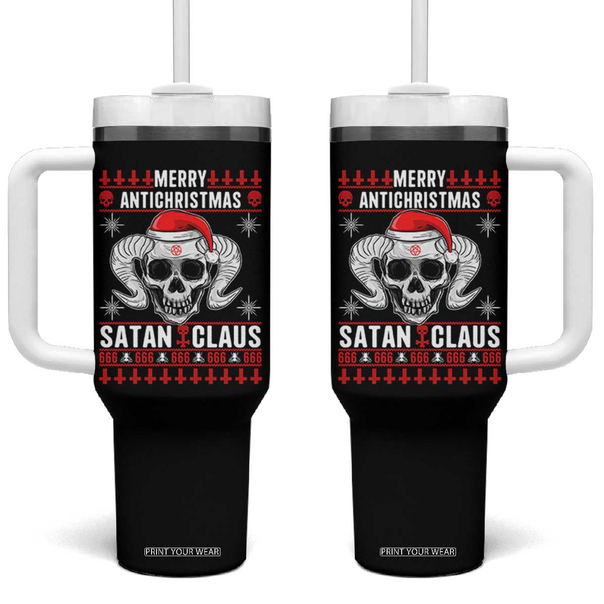 Satan Claus Skull Antichristmas Tumbler With Handle Dark Humor Holiday 666 Skull and Horns TS02 One Size: 40 oz Black Print Your Wear