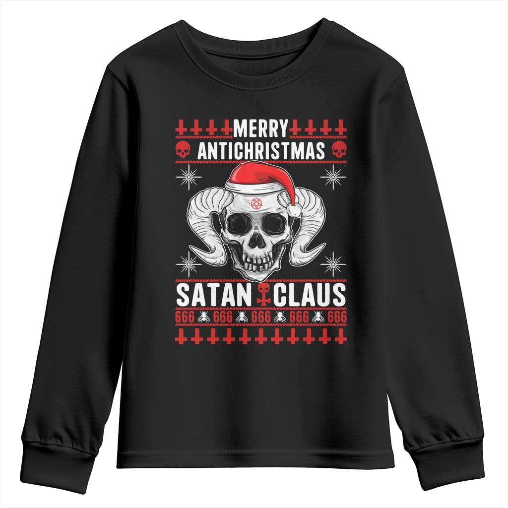Satan Claus Skull Antichristmas Youth Sweatshirt Dark Humor Holiday 666 Skull and Horns TS02 Black Print Your Wear