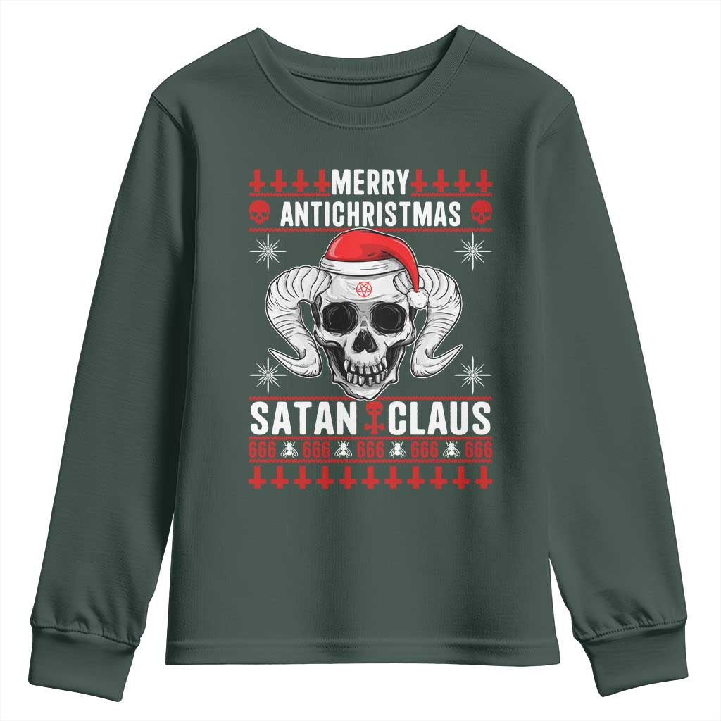 Satan Claus Skull Antichristmas Youth Sweatshirt Dark Humor Holiday 666 Skull and Horns TS02 Dark Forest Green Print Your Wear
