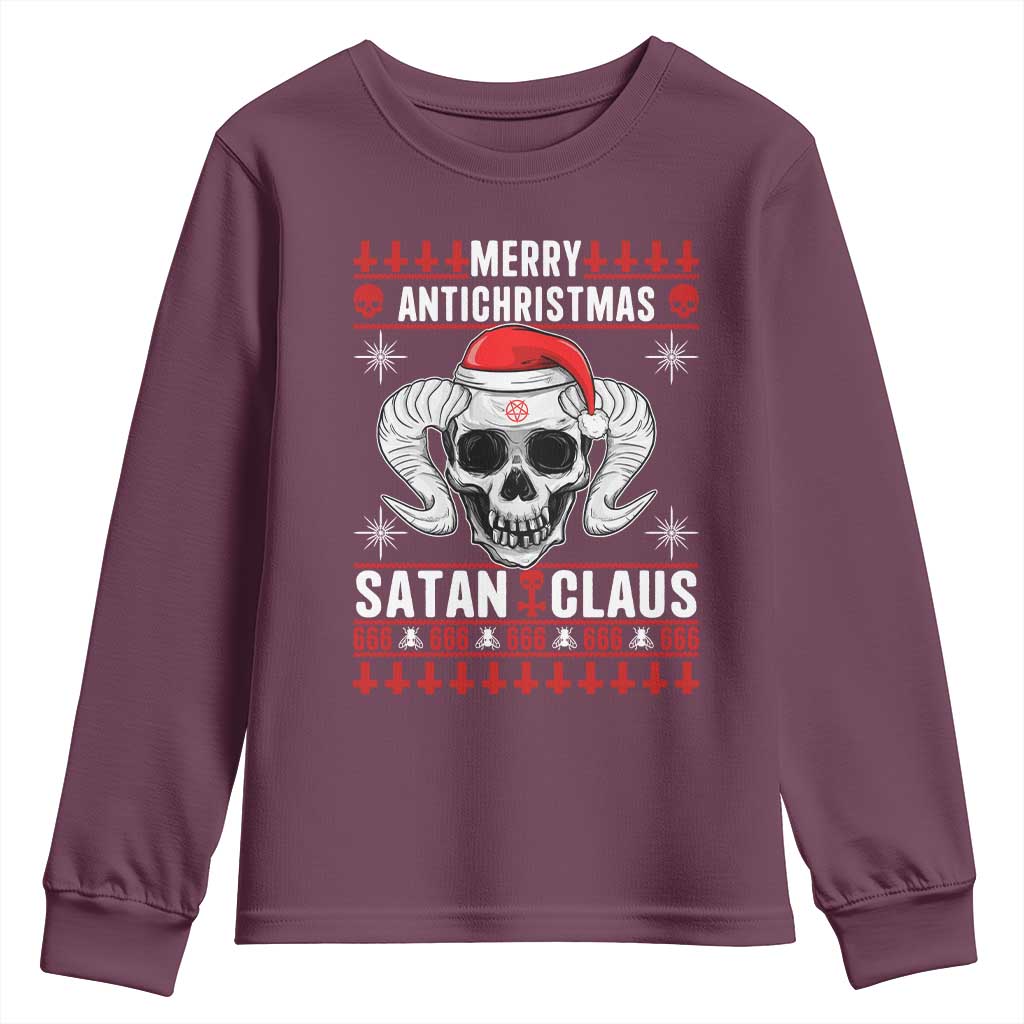 Satan Claus Skull Antichristmas Youth Sweatshirt Dark Humor Holiday 666 Skull and Horns TS02 Maroon Print Your Wear