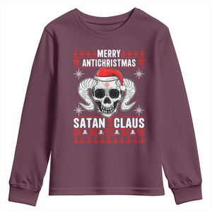 Satan Claus Skull Antichristmas Youth Sweatshirt Dark Humor Holiday 666 Skull and Horns TS02 Maroon Print Your Wear