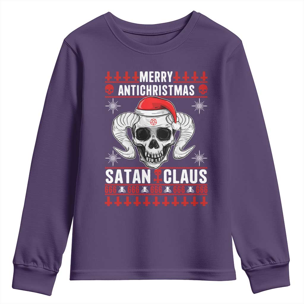 Satan Claus Skull Antichristmas Youth Sweatshirt Dark Humor Holiday 666 Skull and Horns TS02 Purple Print Your Wear