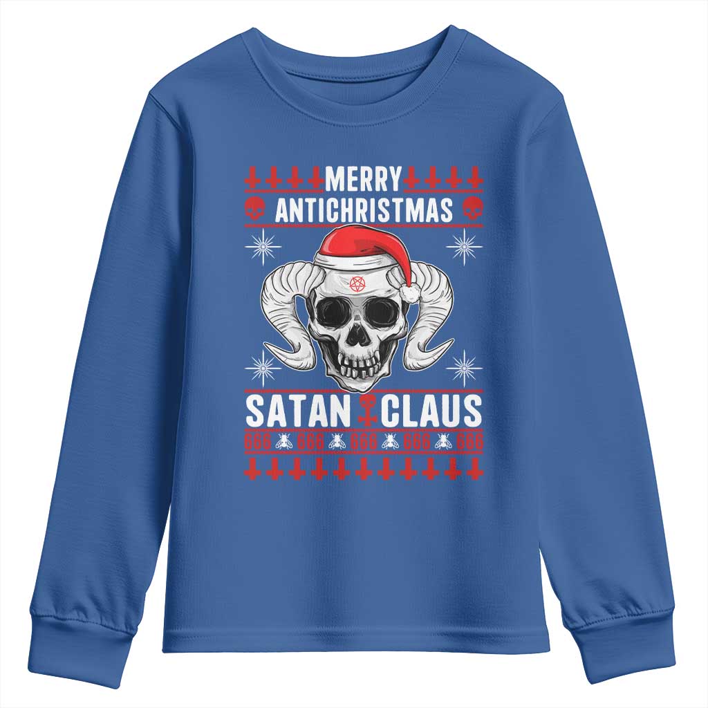 Satan Claus Skull Antichristmas Youth Sweatshirt Dark Humor Holiday 666 Skull and Horns TS02 Royal Blue Print Your Wear