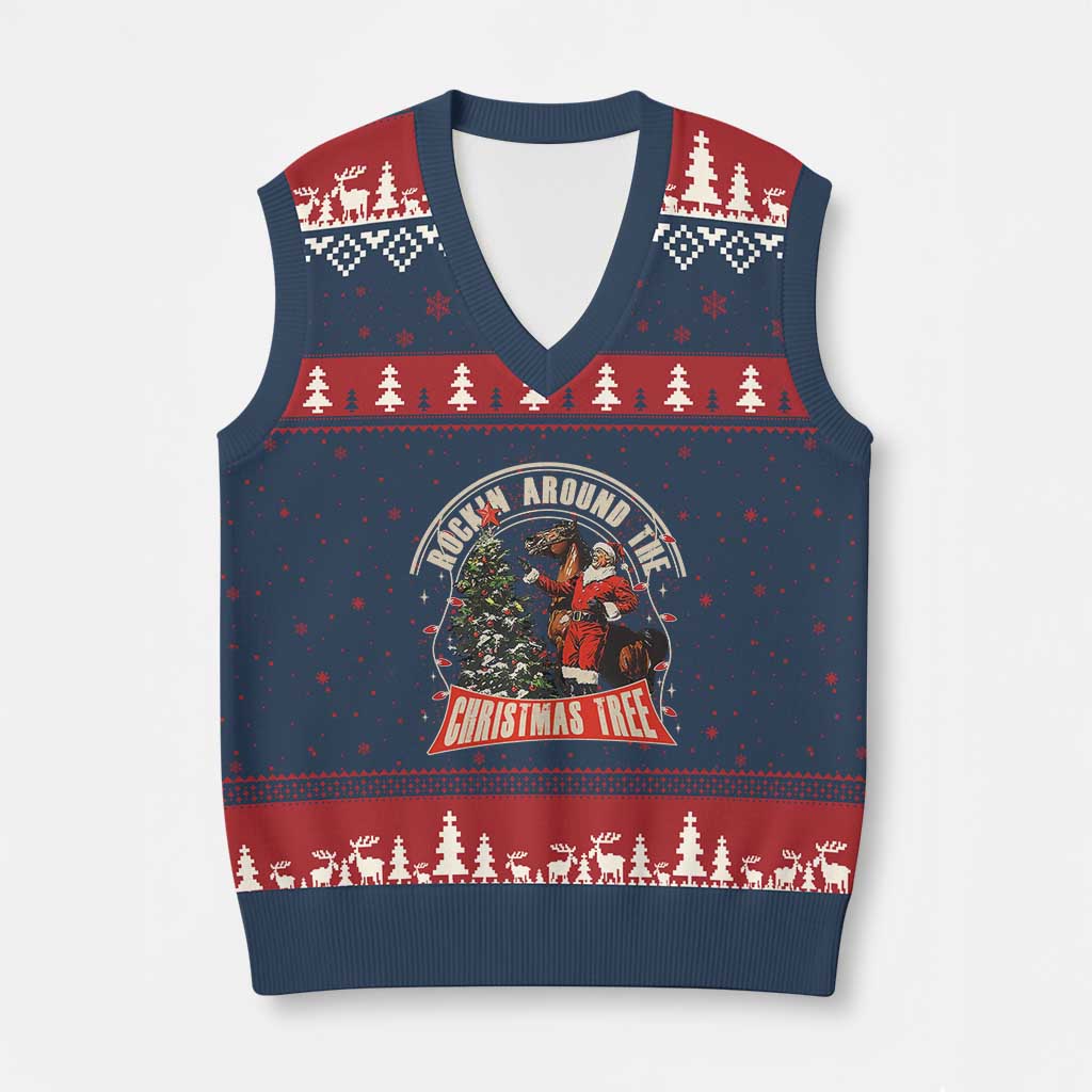 Xmas Trump Cowboy V-Neck Knit Sweater Vest Rocking Around The Xmas Tree Horse Rider Santa Donald TS02 Navy Red Print Your Wear