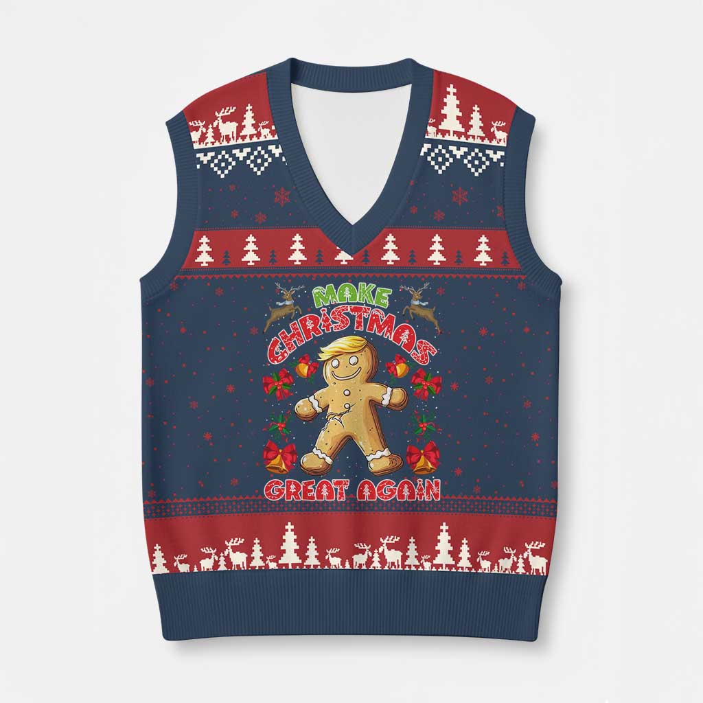 Xmas Trump Gingerbread V-Neck Knit Sweater Vest Make Xmas Great Again Funny Cookies TS02 Navy Red Print Your Wear