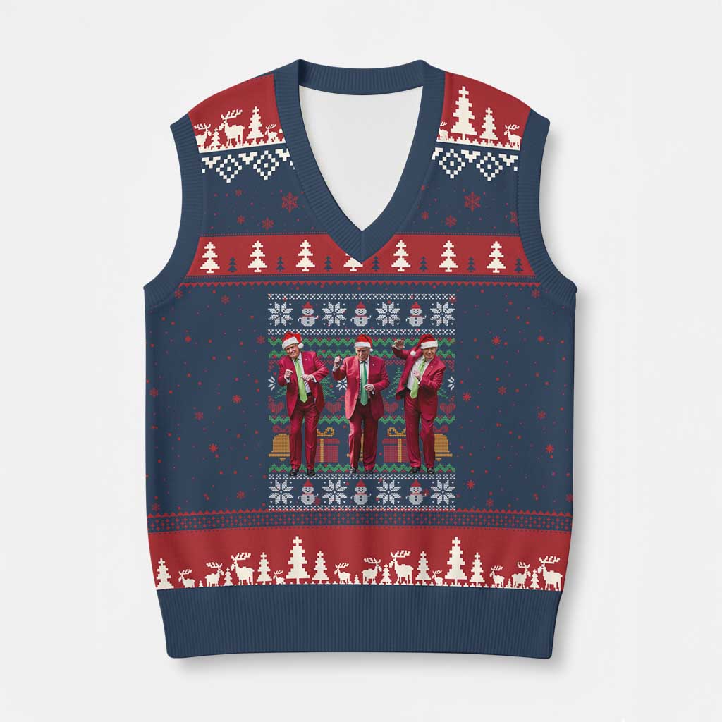 Funny Xmas Trump Dancing V-Neck Knit Sweater Vest 47th President Viral Dances Xmas Ugly Sweater TS02 Navy Red Print Your Wear