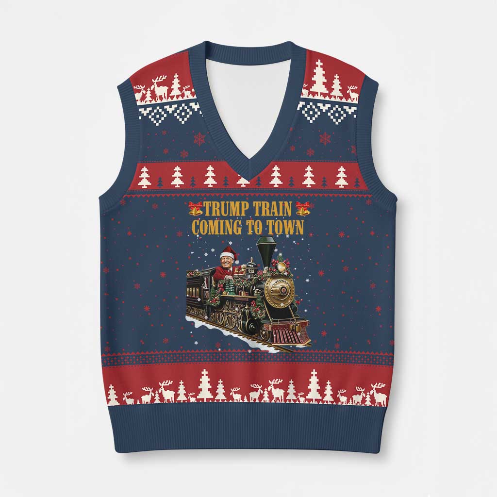 Xmas Trump V-Neck Knit Sweater Vest Trump Train Is Coming To Town TS02 Navy Red Print Your Wear
