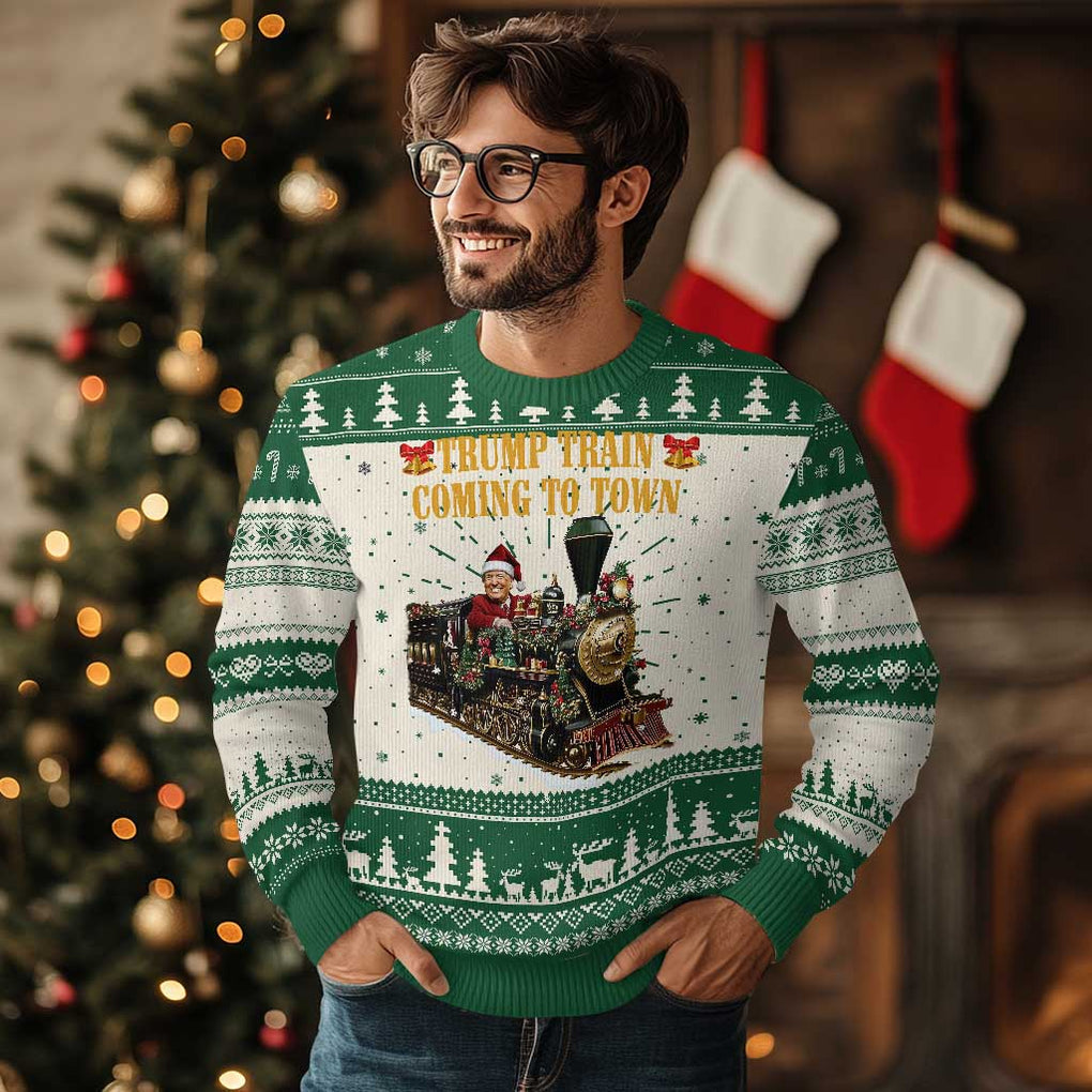 Xmas Trump Ugly Christmas Sweater Trump Train Is Coming To Town TS02 Green Print Your Wear