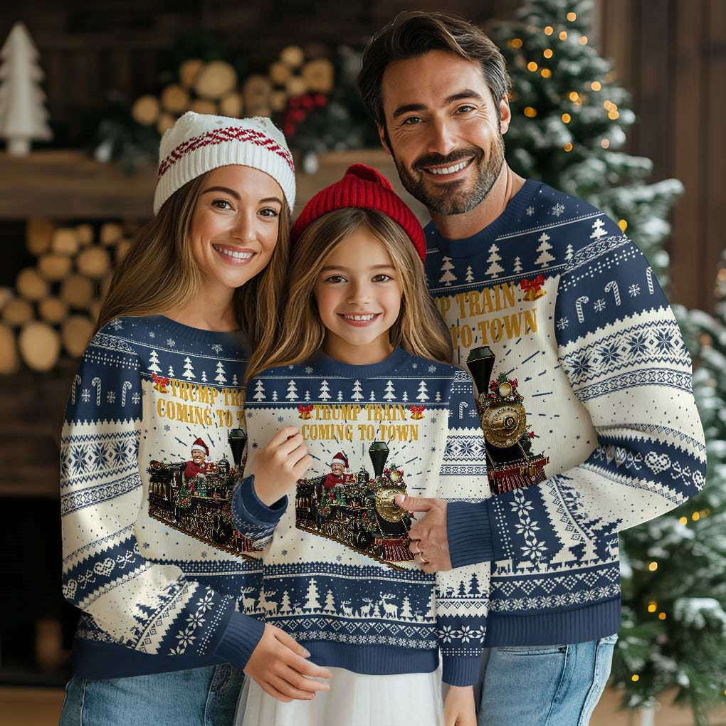 Xmas Trump Ugly Christmas Sweater Trump Train Is Coming To Town TS02 Navy Print Your Wear