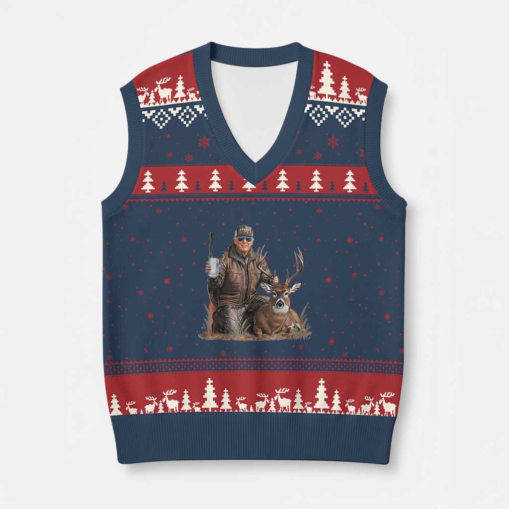 Trump Deer Hunting V-Neck Knit Sweater Vest And Beer Old School Camouflage TS02 Navy Red Print Your Wear