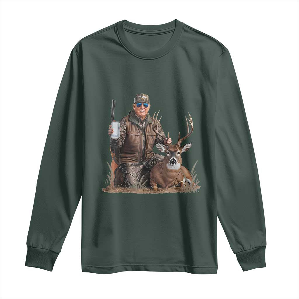 Trump Deer Hunting Long Sleeve Shirt And Beer Old School Camouflage TS02 Dark Forest Green Print Your Wear