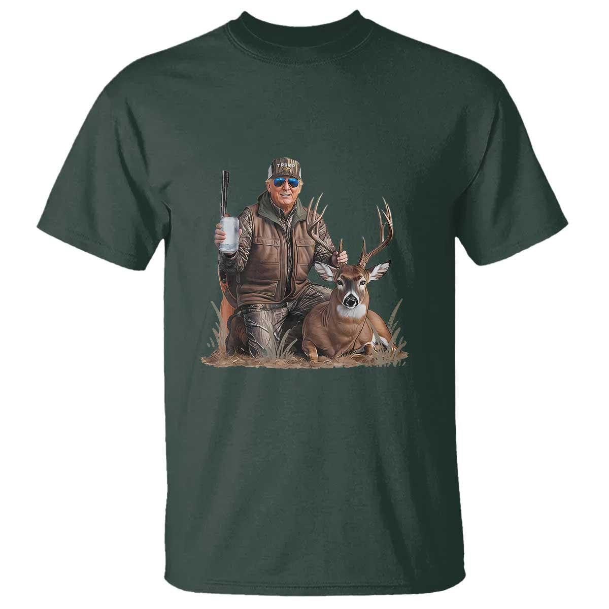 Trump Deer Hunting T Shirt And Beer Old School Camouflage TS02 Dark Forest Green Print Your Wear