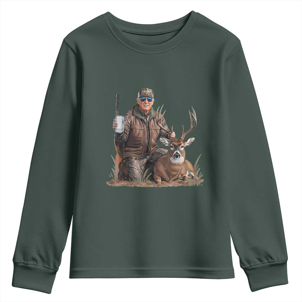 Trump Deer Hunting Youth Sweatshirt And Beer Old School Camouflage TS02 Dark Forest Green Print Your Wear