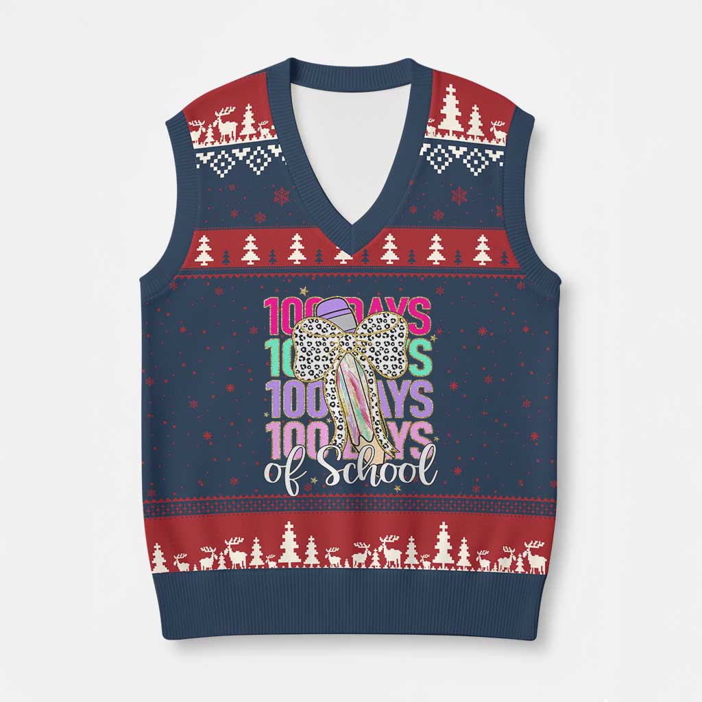Retro Coquette 100 Days Of School V-Neck Knit Sweater Vest for Schoolgirls Teacher TS02 Navy Red Print Your Wear