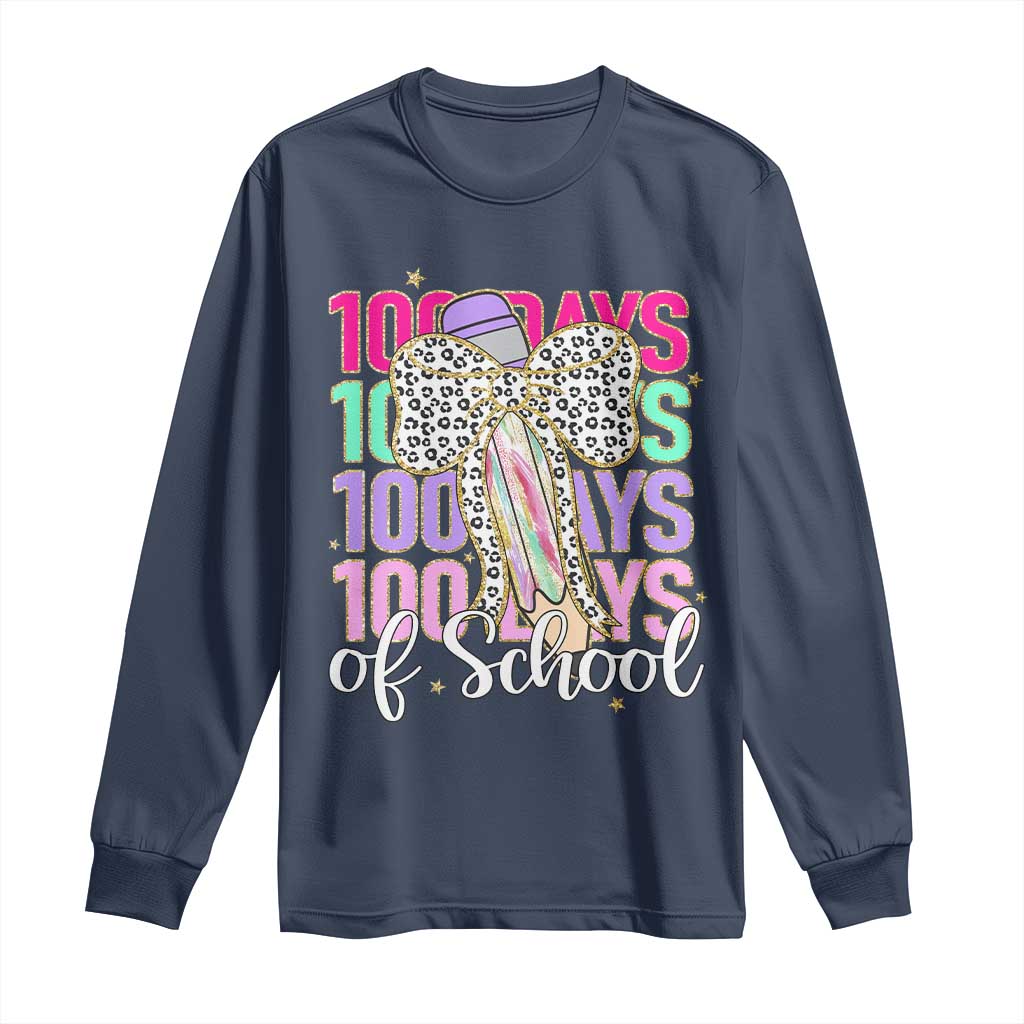 Retro Coquette 100 Days Of School Long Sleeve Shirt for Schoolgirls Teacher TS02 Navy Print Your Wear