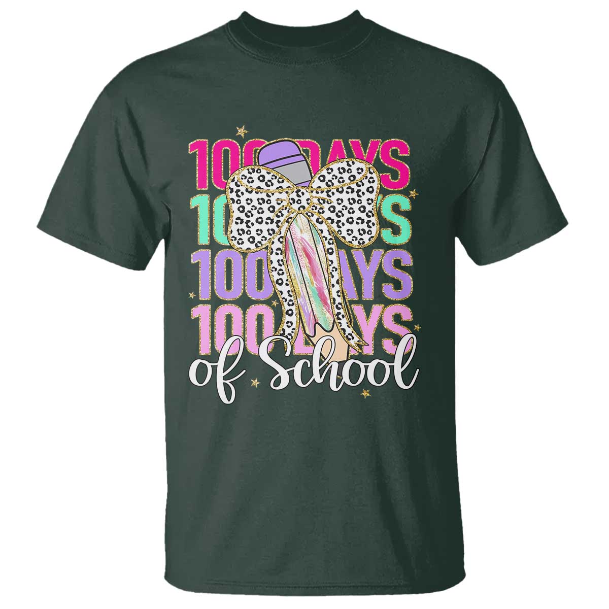 Retro Coquette 100 Days Of School T Shirt for Schoolgirls Teacher TS02 Dark Forest Green Print Your Wear