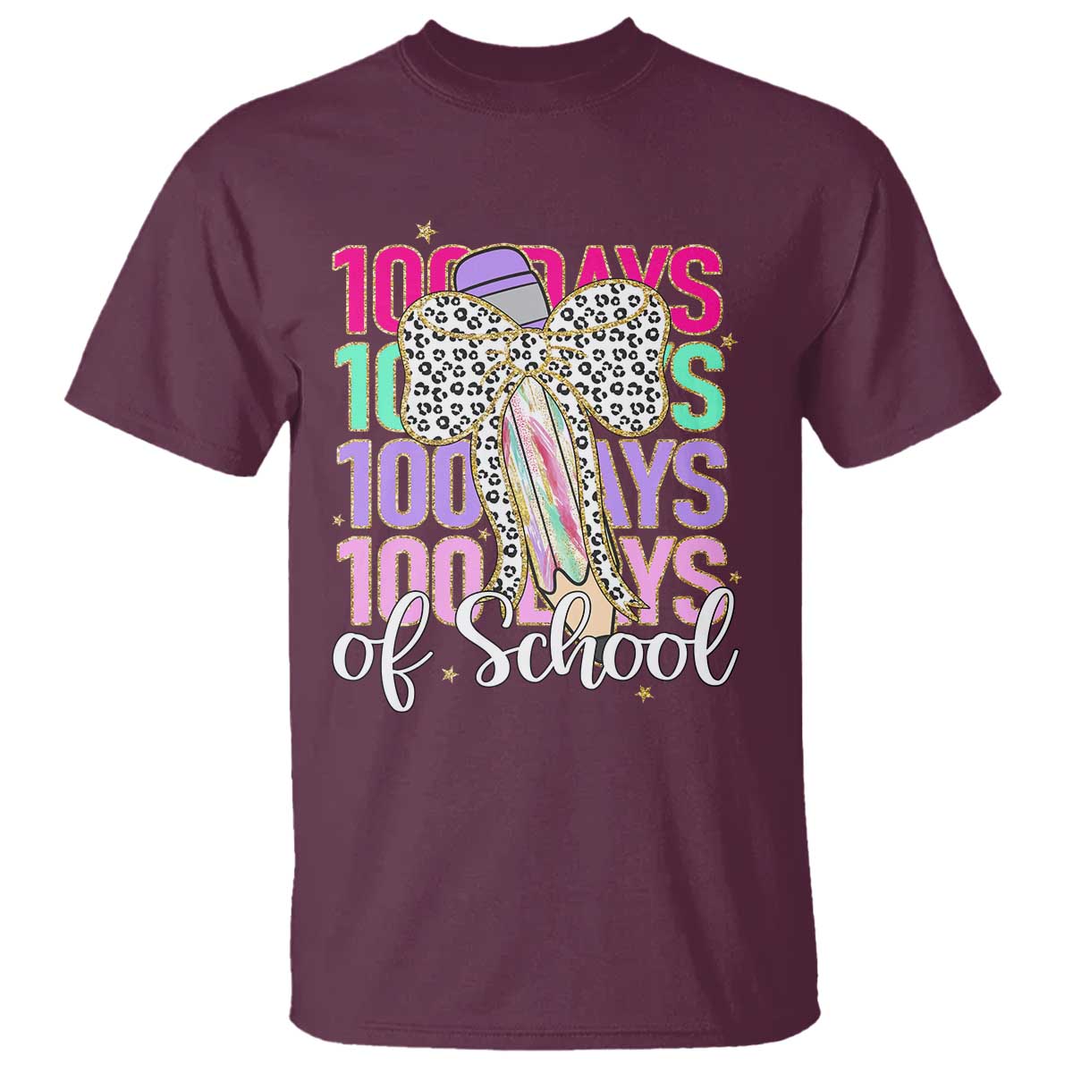 Retro Coquette 100 Days Of School T Shirt for Schoolgirls Teacher TS02 Maroon Print Your Wear