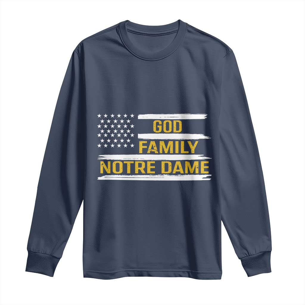 God Family Notre Dame Long Sleeve Shirt Indiana Fighting Irish Patriotic American Flag TS02 Navy Print Your Wear