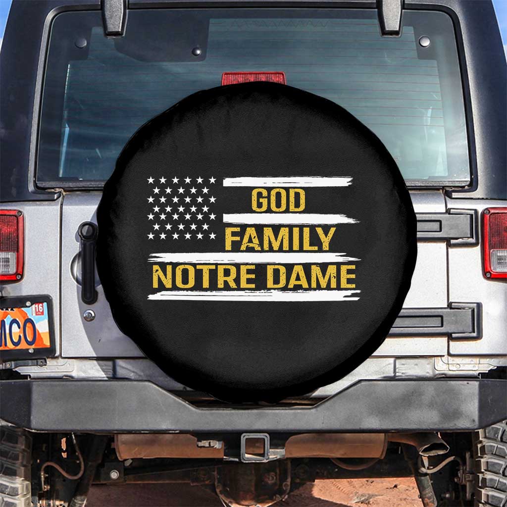 God Family Notre Dame Spare Tire Cover Indiana Fighting Irish Patriotic American Flag TS02 No hole Black Print Your Wear