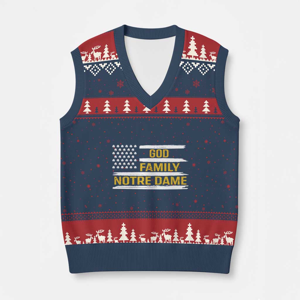 God Family Notre Dame V-Neck Knit Sweater Vest Indiana Fighting Irish Shamrock American Flag TS02 Navy Red Print Your Wear