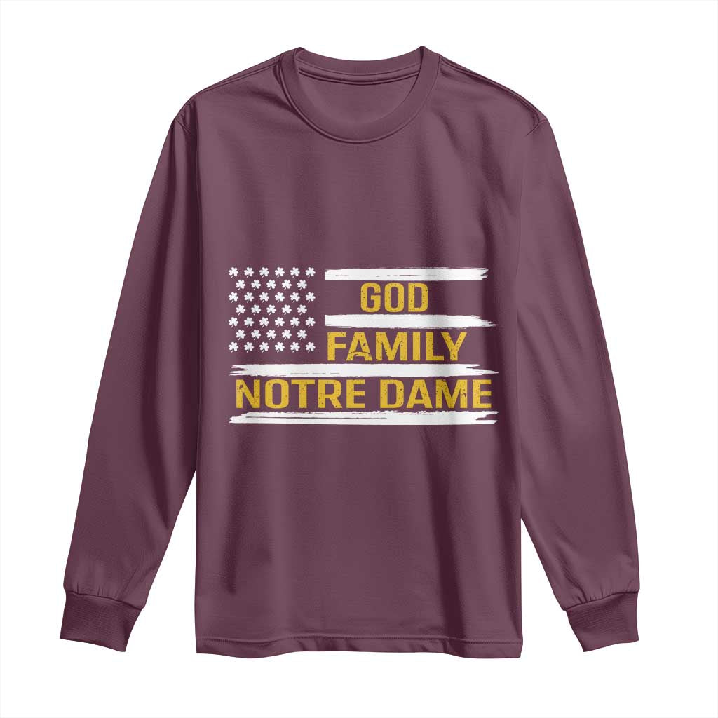 God Family Notre Dame Long Sleeve Shirt Indiana Fighting Irish Shamrock American Flag TS02 Maroon Print Your Wear