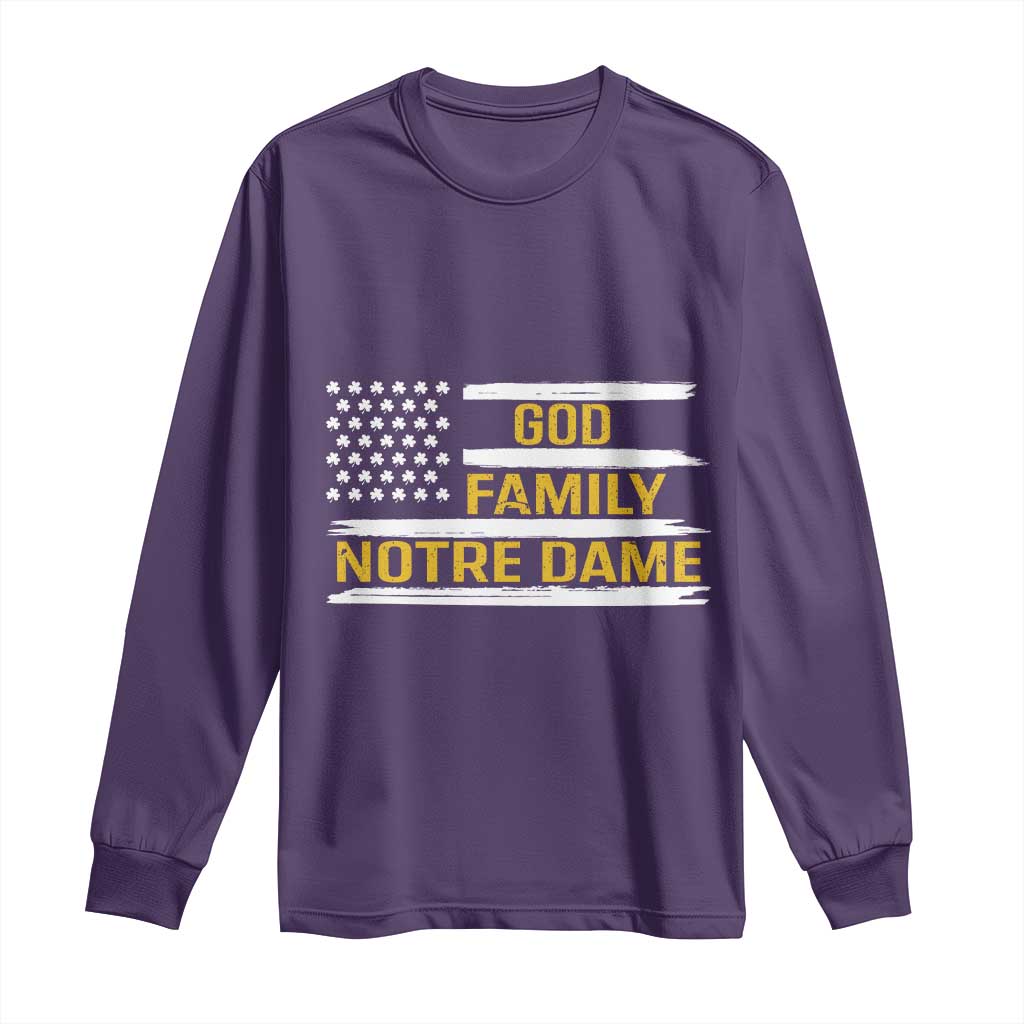 God Family Notre Dame Long Sleeve Shirt Indiana Fighting Irish Shamrock American Flag TS02 Purple Print Your Wear